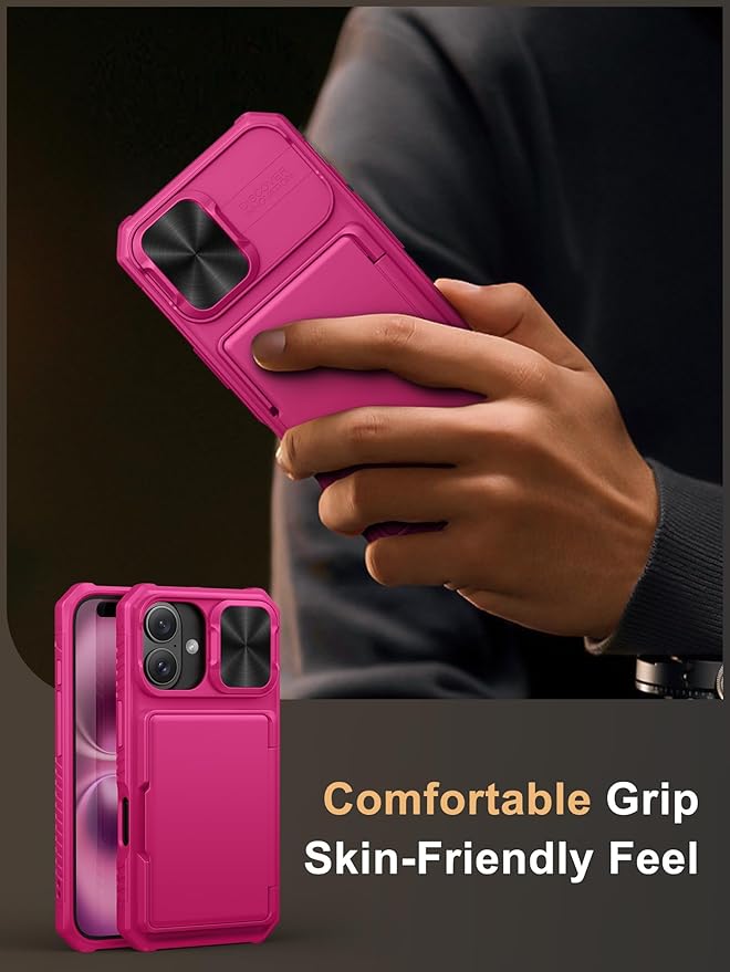 Vihibii for iPhone 16 Case Wallet with Card Holder (4 Cards) [RFID Blocking] & Slide Camera Cover & Raised Edges Protect Screen, Shockproof Rugged Phone Cover for iPhone 16 6.1" 2024, Pink