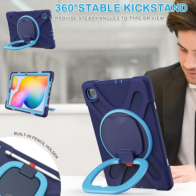 BATYUE Case for Samsung Galaxy Tab S6 Lite 10.4 Inch 2024/2022/2020 (SM-P610/P613/P615/P619/P620), Protective Case with Shoulder Strap, 360° Swivel Stand, Shockproof Drop; for Kids - Navy Blue