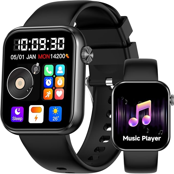 KPEP Smart Watches MP3 Player 2 in 1, 1.85" HD Smartwatch for Men Women, Answer/Make Calls, Sleep/SpO2/Heart Rate Monitoring, 100+ Sports Modes, IP68 Waterproof Fitness Tracker for iOS Android, Black