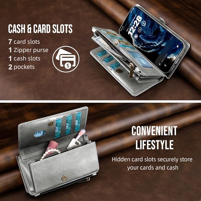 for iPhone 17 Wallet Phone Case with 7 Card Holder,RFID Blocking | PU Leather | Kickstand | Flip | Wrist Strap&Shoulder Strap | Shockproof | Zipper Wallet | Women Men | 6.3" | Silvery