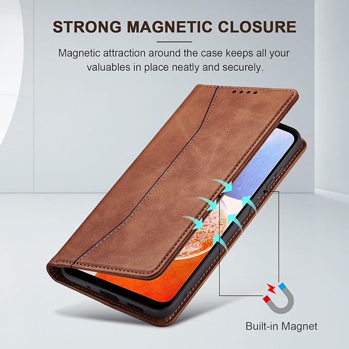 Jasonyu Flip Wallet Case for Samsung Galaxy A14 5G/4G,Leather Magnetic Folio Cover with Card Holder,Kickstand - TPU Shockproof Durable Protective Phone Case,Brown