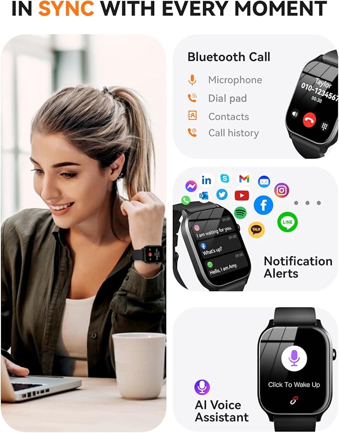 Smart Watches for Women Men, 1.85" HD Touchscreen, Fitness Tracker with 110 Sports Modes, Step Counter/Sleep Monitor, IP68 Waterproof, Bluetooth Call & Music Control for iPhone/Android