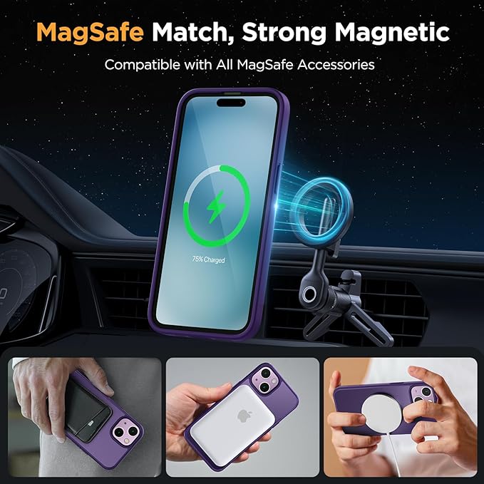 Miracase Magnetic for iPhone 15 Case (Compatible with MagSafe)（with 2X Screen Protectors） Military-Grade Protection, Anti-Fingerprint Translucent Matte Phone Cover for iPhone 15 6.1 inch, Dark Purple