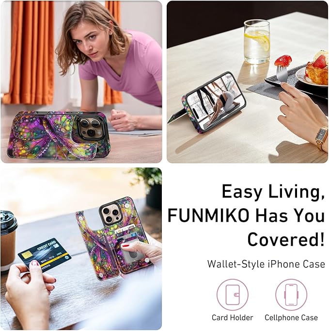 FUNMIKO for iPhone 16 Pro Wallet Case with Card Holder, RFID-Blocking, Military-Grade Protection & UV-Printed Artwork, Magnetic Closure with Leather Kickstand - Vibrant Elegant Butterfly