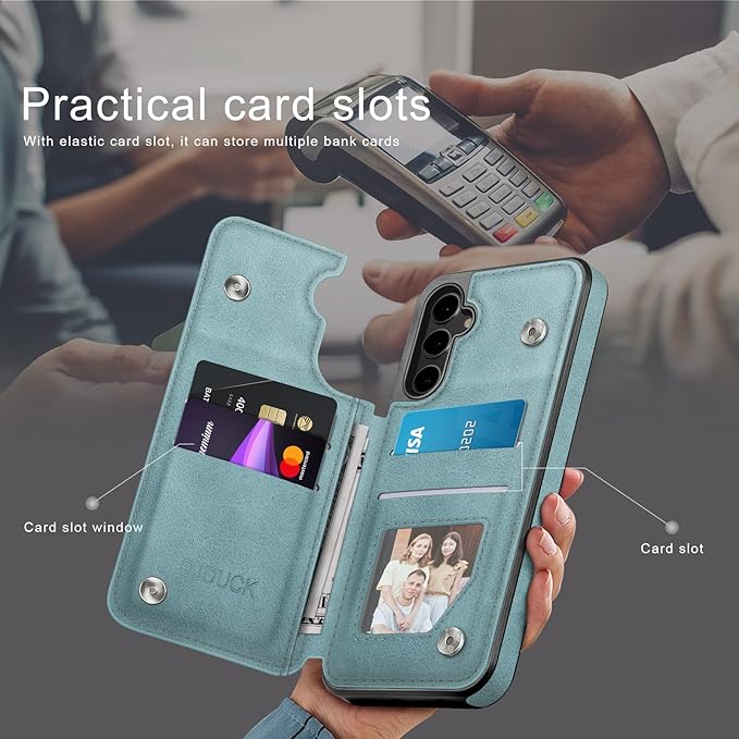 DJDUCK Designed for Samsung Galaxy S25 Case Wallet with Card Holder, [Magnetic Clasp Cover] [RFID Blocking Leather Protection] Shockproof Women Men Cases for Samsung S25 Sky Blue