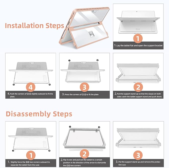 Case Updated Version fit Microsoft Surface Pro 11/10 /9/8 13-Inch, All-in-one Rugged Case Compatible with Type Cover Keyboards, Transparent&Pink