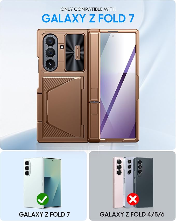 for Samsung Galaxy Z Fold 7 Case with Card Holder RFID Blocking, Built in Slide Lens Cover & Hinge Protection & Kickstand & Screen Protector, Shockproof Wallet Case for Z Fold 7 (Desert Gold)