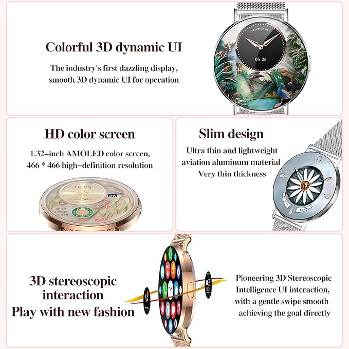 Welfit Smart Watch for Women (2 Straps),1.32-inch AMOLED Ultra Clear Screen Fitness Tracker with SpO2/heart Rate/Sleep Tracking, Suitable for iOS/Android System Waterproof smartwatch(Gold)