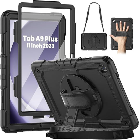 Case for Samsung Galaxy Tab A9+/ A9 Plus Case 11" 2023 (SM-X210/X216/X218), Heavy Duty Shockproof Protective Case with Screen Protector, Hand Strap, Shoulder Strap, 360° Rotating Stand Black
