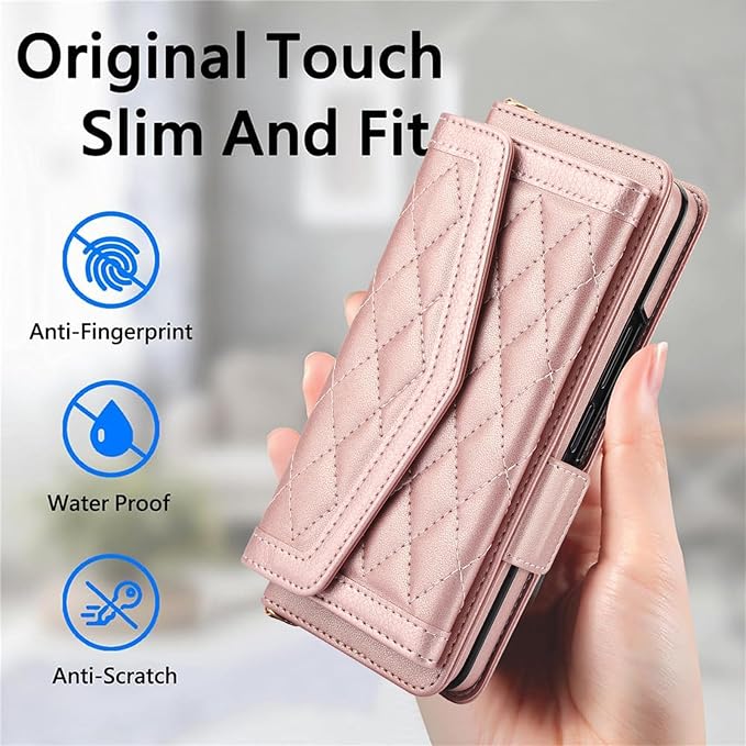 for Samsung Galaxy Z Fold 7 Wallet Case - Stitching Pattern RFID Blocking Card Holder, S Pen Slot Crossbody Strap, Full Body Protection Flip Cover for Women Rose Gold