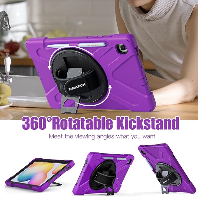BRAECNstock for Samsung Galaxy Tab S6 Lite Case 10.4 inch 2024/2022/2020 (SM-P620/P610/P619) Shockproof Protective Kids Cover with Rotating Stand & Hand Strap Pen Holder Case for Tab S6 Lite - Purple