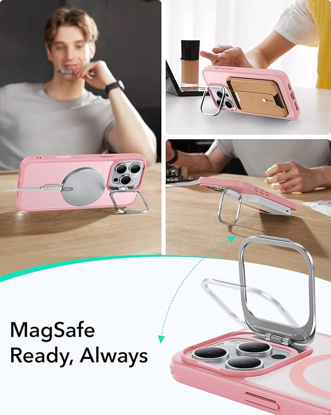 ESR for iPhone 16 Pro Case,Camera Control Button Compatible with MagSafe, Military-Grade Protective Case, Built-in Stash Stand Phone Case, Scratch-Resistant Back Cover, Classic Series, Frosted Pink