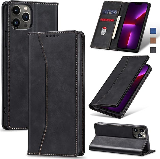 Jasonyu Flip Wallet Case for iPhone 13 Pro Max,Leather Magnetic Folio Cover with Card Holder,Kickstand - TPU Shockproof Durable Protective Phone Case,Black