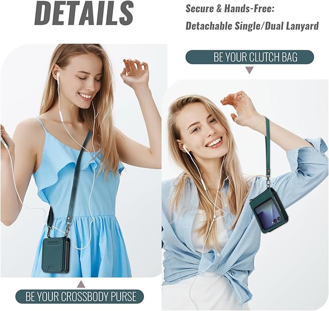 ASAPDOS for Samsung Galaxy Z Flip 7 PU Leather Wallet Phone Case with Card Slots (Holds 5 Cards), Anti-Drop Protection, Wrist & Shoulder Strap Blue Green