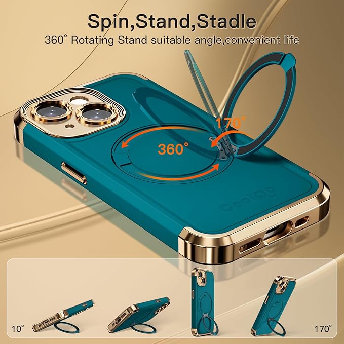 COOLQO for iPhone 13 Case 6.1'' Upgraded 360° Spin Magnetic Stand [Compatible with Magsafe][Military Protection] Plating Matte Scratch-Resistant Back Protective Shockproof Phone Case, Green Gold
