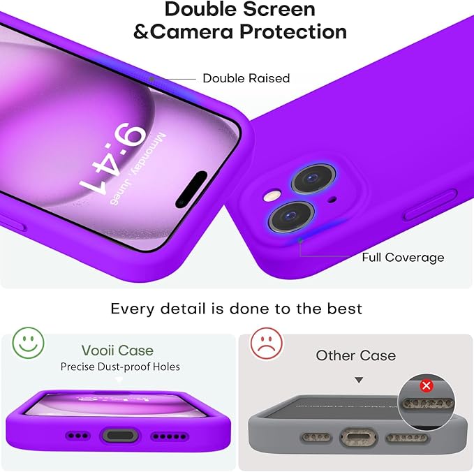 Vooii Compatible with iPhone 15 Case, Upgrade Defender Liquid Silicone, [Enhanced Camera Protection] [Soft Anti-Scratch Microfiber Lining] Shockproof Phone Case for iPhone 15 6.1 inch - Neon Purple