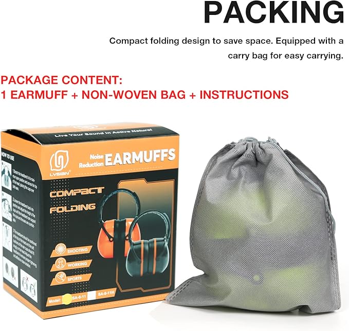 LYSIAN Foldable Noise Reduction Earmuffs, Hearing Protection Safety Ear Muffs for Shooting, Workshop,Loud Security Events