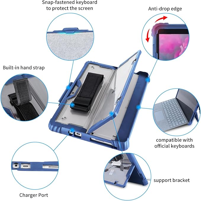 AOAO for Microsoft Surface Go 4/ Surface Go 3/ Surface Go 2/ Surface Go Case with Shoulder Strap, Hand Strap, Stylus Pen Holder, Rugged, Shock-Absorbing and Drop-Resistant(10.5 inch)-Blue