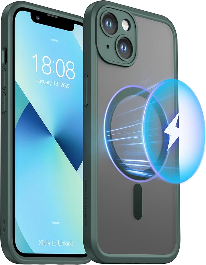 ImpactStrong Magnetic Guard Designed for iPhone 13 Case [Camera Protection] [Military Grade Drop Tested] [Compatible with MagSafe] Slim Translucent Matte Phone Case (6.1") - Dark Green