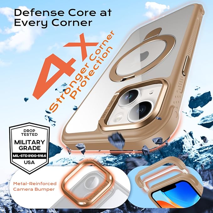 Anqrp O-Ring Magnetic Kickstand Clear Case for iPhone 14/13, Compatible with Mag-Safe, Military-Grade Reinforced 4-Corners Anti-Yellowing Transparent Phone Case Cover for iPhone 13/14, Gold