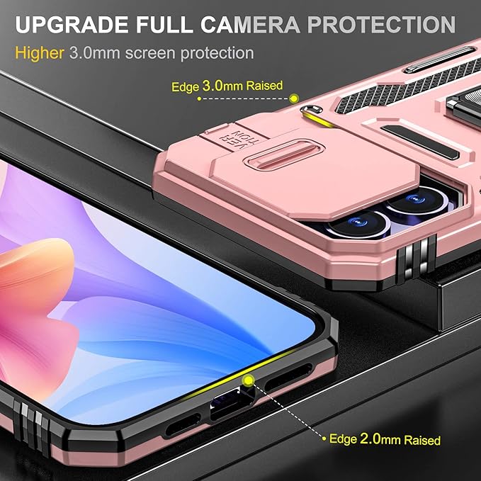 Phone Case for iPhone 14 Pro Case with Camera Cover, with Ring Holder Kickstand, with Magnetic Car Mount Function, for iPhone 14 Pro (Rose Gold)