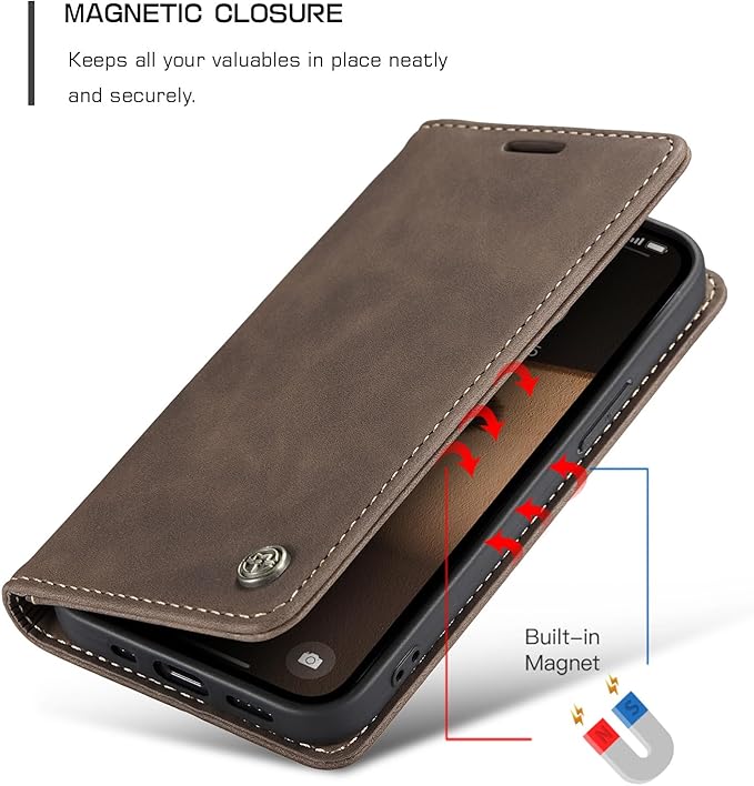 for iPhone 16e (6.1") / iPhone SE 4 / iPhone SE 2025 Case, Flip Wallet Leather Case with Card Holder Magnetic Closure Shockproof Kickstand Protective Phone Cases Cover for iPhone 16e, Coffee