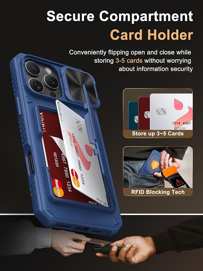 Vihibii for iPhone 16 Pro Max Wallet Case with Card Holder (4 Cards) [RFID Blocking] & Slide Camera Cover & Raised Edges Protect Screen, Shockproof Rugged Cover for iPhone 16 Pro Max, 6.9", Blue