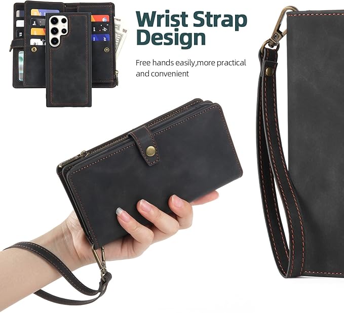 TwoHead for Samsung Galaxy S23 Ultra Wallet Case with Card Holder & Detachable Magnetic Phone Case for S23 Ultra 6.8 in PU Leather Shockproof Protective Phone Case (Dream Black)