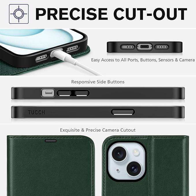 TUCCH Case Wallet for iPhone 15 6.1", Protective [TPU Shockproof Inner Shell], Kickstand PU Leather RFID Blocking [4 Card Holder] Magnetic Closure Cover Compatible with iPhone 15 5G, Dark Green