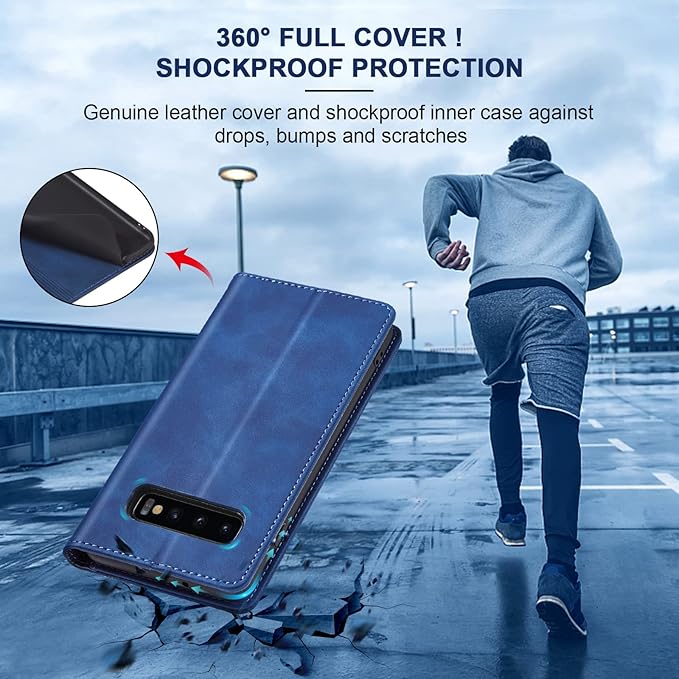 Jasonyu Flip Wallet Case for Samsung Galaxy S10,Leather Magnetic Folio Cover with Card Holder,Kickstand - TPU Shockproof Durable Protective Phone Case,Blue