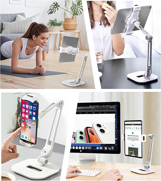 Adjustable Desk Tablet Stand, 360° Swivel iPad Kiosk Stand Fits for 4.7"-12" iPad Air mini Pro, iPhone, Samsung POS, Kindle, Aluminu Alloy Foldable Arm Holder for Store Kitchen Desktop, White