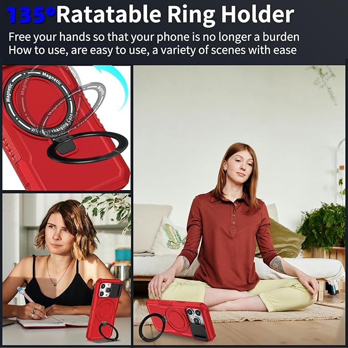 for iPhone 15 Pro Case Magnetic Compatible with MagSafe Wireless Charging,with 2 Screen Protector,Built-in Kickstand Ring,with Camera Cover Anti-Scratch Shockproof Heavy Duty Protection Red
