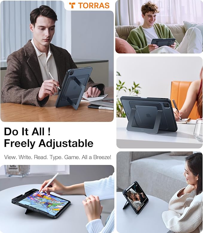 TORRAS for iPad Air 13 inch Case (M3 2025/ M2 2024), iPad Pro 12.9 Case (2022/2021), Ultra Stable Stand, Multiple Adjustable Viewing Angles, Slim Protective Kickstand with Pencil Holder, Black