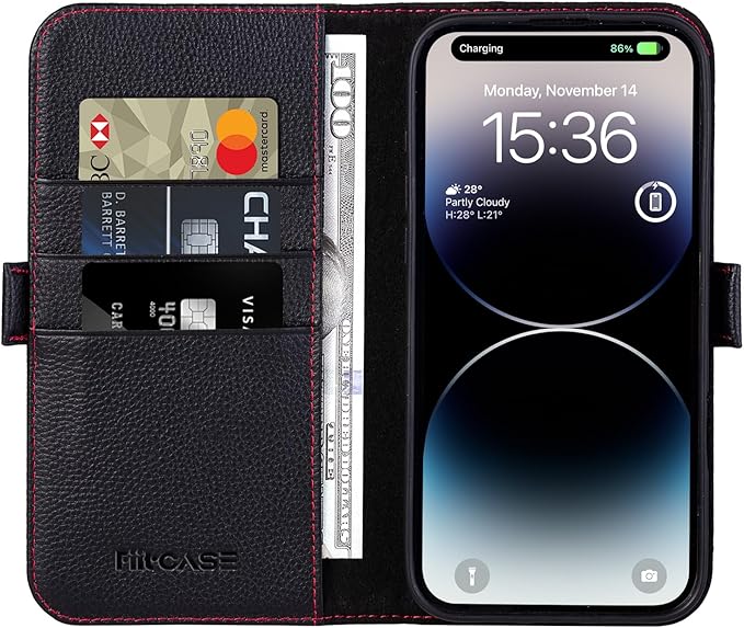 Case for iPhone 16 Pro 6.3" 2024-Genuine Leather Folio Magnetic Closure RFID Blocking Card Holder Kickstand Full Protection Phone Case Compatible with iPhone 16 Pro (Black)