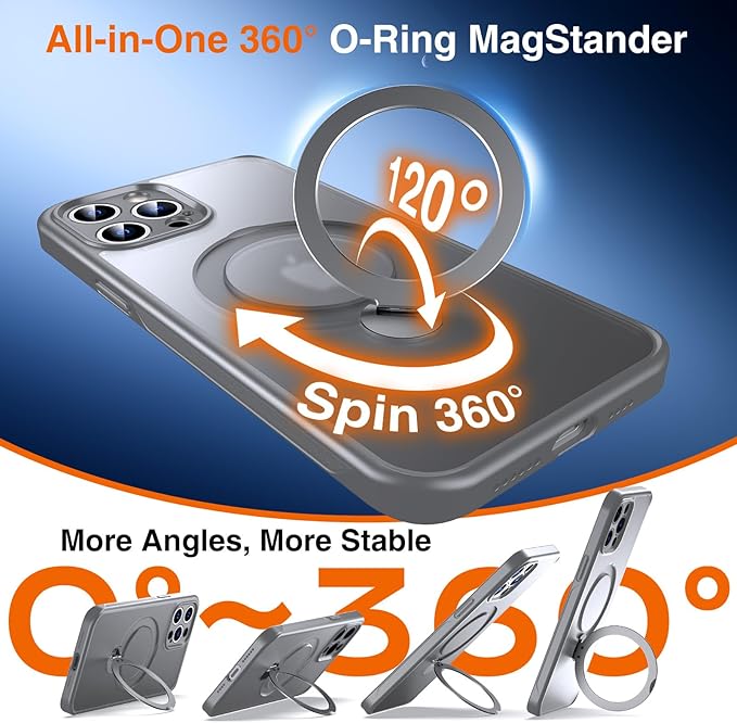 360° O-Ring MagStander for iPhone 12 Pro Max Case with Magnetic Kickstand Ring Holder [Compatible with MagSafe][360°Rotate Stand][Military Shockproof] iPhone 12 Pro Max Phone Cover Grey