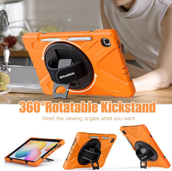 BRAECNstock for Samsung Galaxy Tab S6 Lite 10.4 Inch Case 2024/2022/2020 (SM-P620/P610/P619) with Pen Holder Rotating Kickstand + Hand Strap Shockproof Protective Kids Case for Galaxy S6 Lite - Orange