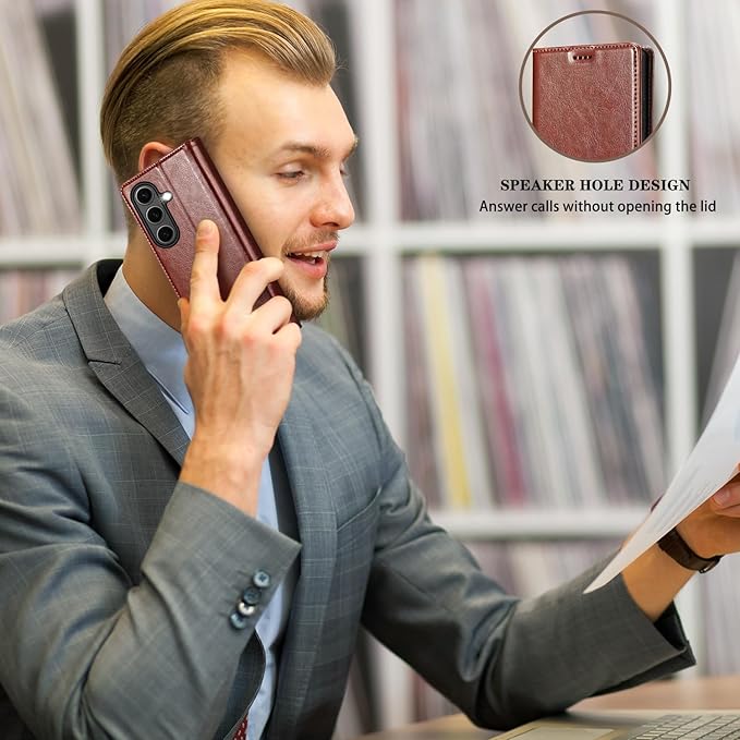 for Samsung Galaxy S25 Genuine Leather Wallet Case, Built-in Card Holder [RFID Blocking] & Kickstand, Protective Shockproof Phone Case for S25, Browm Brown