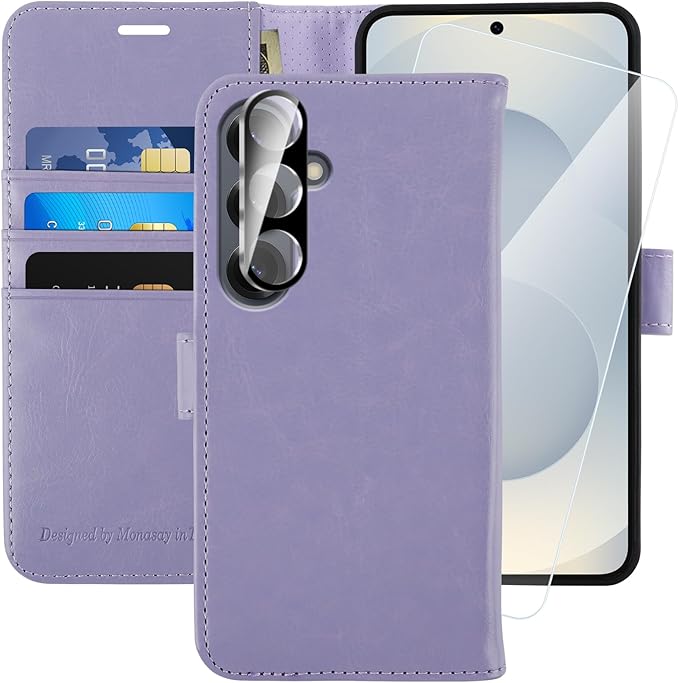 MONASAY Wallet Case Fit for Samsung Galaxy S25 5G, [Lens & Glass Screen Protector Included] [RFID Blocking] Flip Folio Leather Cell Phone Cover with Credit Card Holder, 6.2 inch, Lavenders