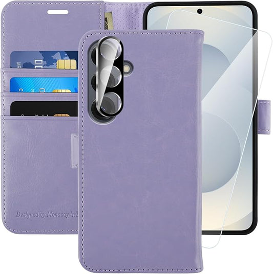 MONASAY Wallet Case Fit for Samsung Galaxy S25 5G, [Lens & Glass Screen Protector Included] [RFID Blocking] Flip Folio Leather Cell Phone Cover with Credit Card Holder, 6.2 inch, Lavenders