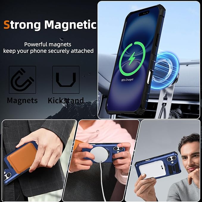 for iPhone 16 Case Compatible with MagSafe Magnetic,with 2 Tempered Glass Screen Protectors,Built-in 360°Kickstand Ring,Military Grade Drop Shockproof Heavy Duty Protection Phone Bumper Blue