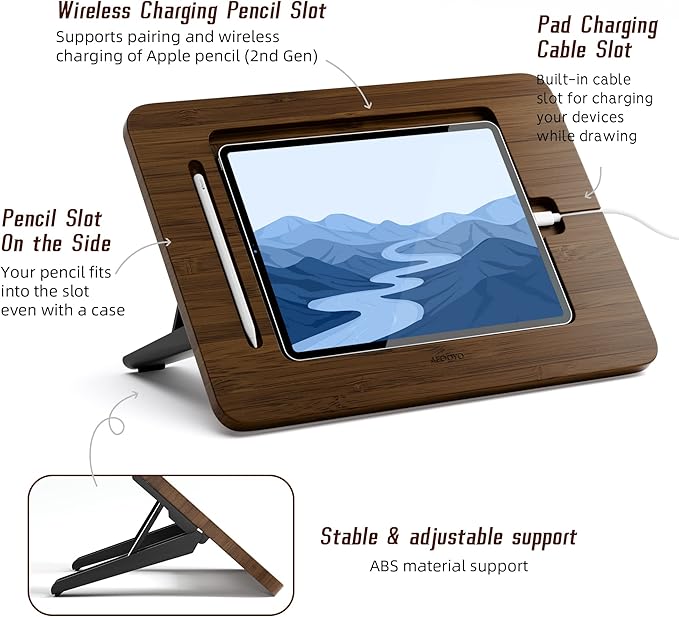 Bamboo Tablet Drawing Stand Tablet Holder - Portable & Adjustable 5 Angles,Laptop Stands Riser,Compatible with 12.9/13 inch iPad Pro-3rd-7th Gen(Walnut Varnish)