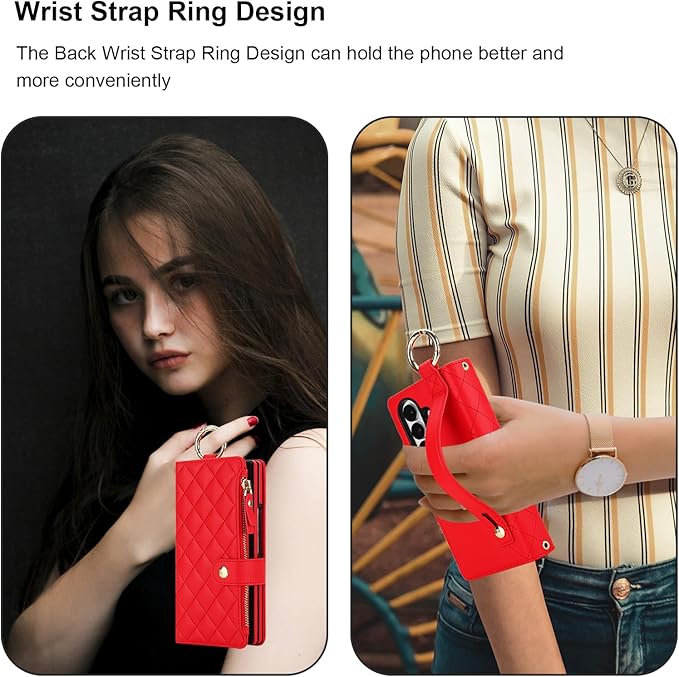 KIHUWEY for Galaxy Z Fold 7 Wallet Case with Card Holder Premium Leather Magnetic RFID Blocking Shockproof Zipper Wrist Strap Lanyard Cover for Samsung Galaxy Z Fold 7 8.0 Inch (Red)