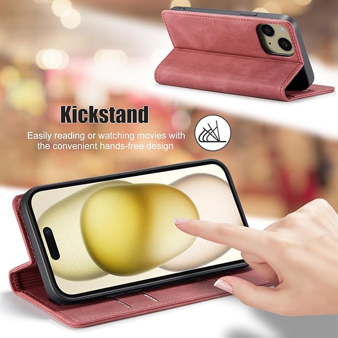 japezop iPhone 15 5G Wallet Case with [RFID Blocking],Card Holder Kickstand Magnetic,Leather Flip Case Wallet for iPhone 15 5G 6.1 Inch(Red)