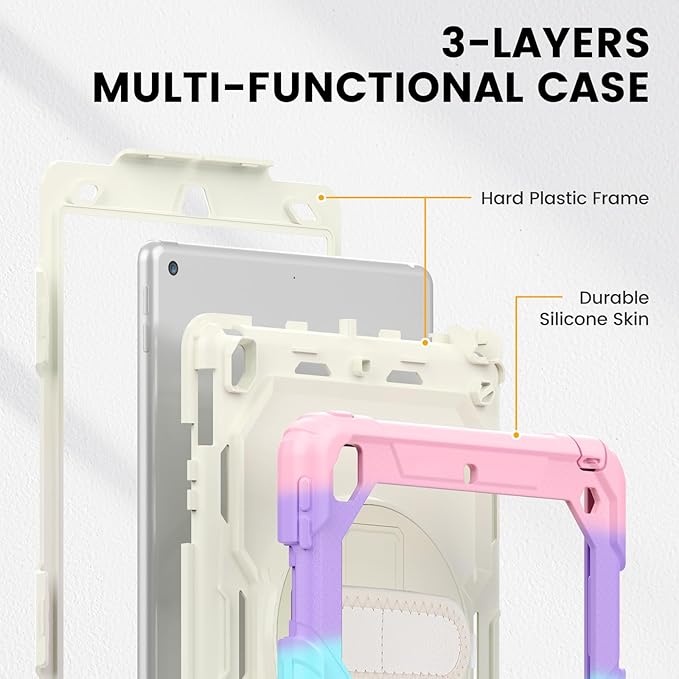 Timecity Case for iPad 9th/ 8th/ 7th Generation 10.2 inch - Heavy Duty Protective Cover with Screen Protector, Rotating Stand, Shoulder Strap & Pencil Holder | Kids-Friendly (Pink Camo)