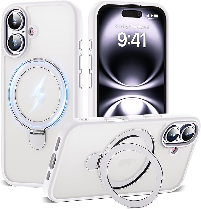 Designed for iPhone 16 Case with Magnetic Ring Stand [Compatible with Mag-Safe] [Military Drop Protection] Shockproof Translucent Phone Cover 6.1" for Women Men,White