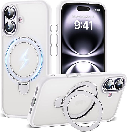 Designed for iPhone 16 Case with Magnetic Ring Stand [Compatible with Mag-Safe] [Military Drop Protection] Shockproof Translucent Phone Cover 6.1" for Women Men,White