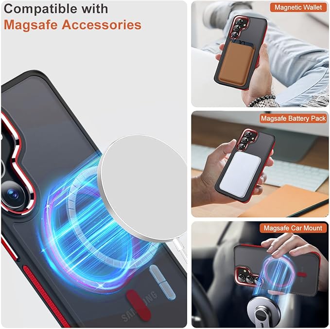 Strong Magnetic for Samsung Galaxy S25, Fits for Magsafe, Color Hybrid S25 Cover with Non-Slip Edge & Hard PC Translucent Matte Back, Slim Shockproof Phone Case for Galaxy S25 (Black/Red)