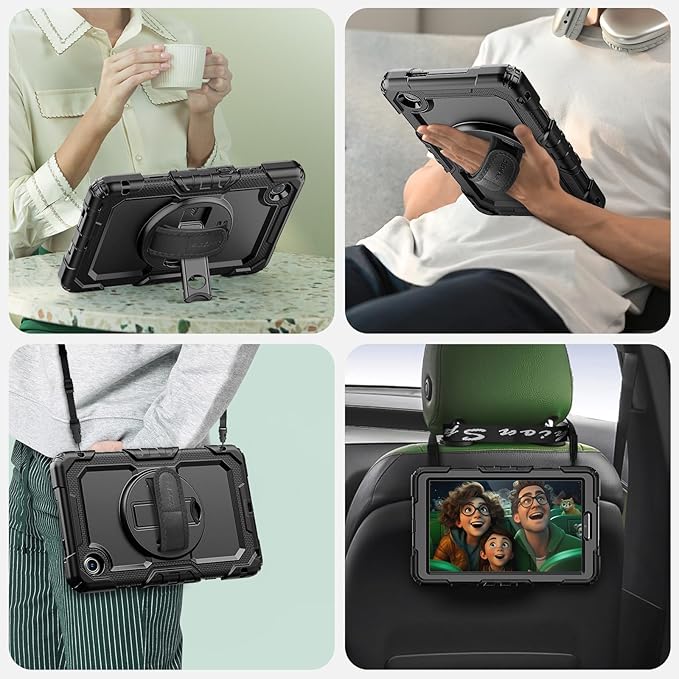 SEYMAC Case for Lenovo Tab One 8.7 inch/ K9 TB305FU (2025), Heavy Duty Full-Body Shockproof Protective Case with Screen Protector, Stand, Hand/Shoulder Strap and Pen Holder, Black