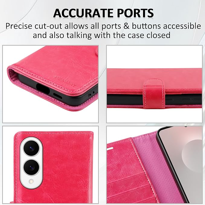 MONASAY Wallet Case Fit for Samsung Galaxy S25 Edge 5G，[Lens & Glass Screen Protector] [RFID Blocking] Flip Folio Leather Cell Phone Cover with Credit Card Holder, 6.7 inch, Hot-Pink
