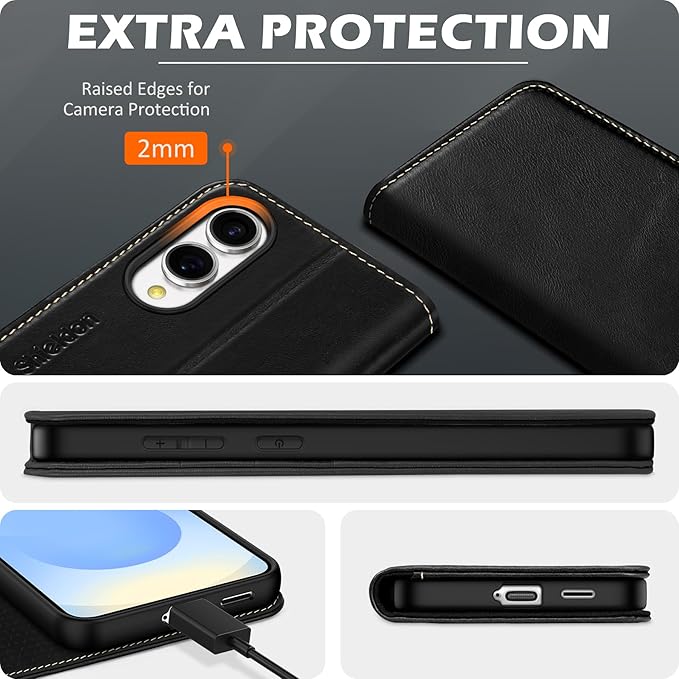 SHIELDON Case for Galaxy S25 Edge 6.7" 2025, Genuine Leather Folio Wallet Case RFID Blocking Card Holder Folio Magnetic Stand Shockproof Protective Cover Compatible with Galaxy S25 Edge - Retro Black